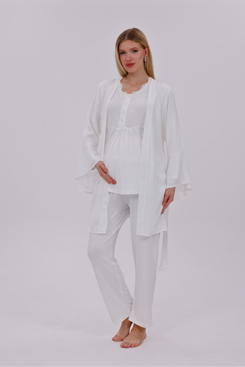 Lohussa Women's Ecru Jacquard Flounce Special Design 100% Cotton Long Sleeve Maternity Pajama Set