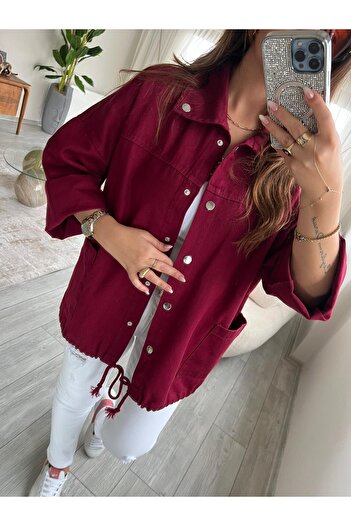 BE CHİC Women's Turn-Down Collar Three-Quarter Sleeve Buttoned Pocketed Drawstring Detail Casual Gabardine Shirt Jacket Md5000