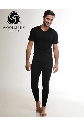 Hasyün Men's 61% Black Wool Short Sleeve Undershirt Undershirt and Long Johns Underwear Set 4000/4001- 1 Set