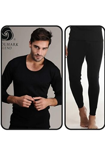 Hasyün Men's 61% Black Wool Long Sleeve Undershirt Undershirt and Long Johns Underwear Set 4001/4002- 1 Set