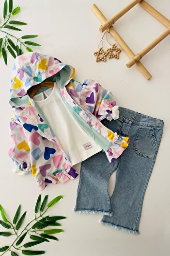Minigimin Cicileri My Little One's Cicileri Heart Patterned Raincoat Girl's 3-Piece Set - Salmon