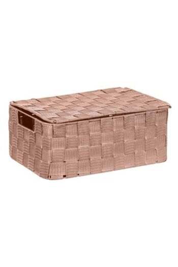 SHOPIENS Salmon Colored Rattan Storage Box with Metal Frame & Lid 30 x 20 x 12 cm