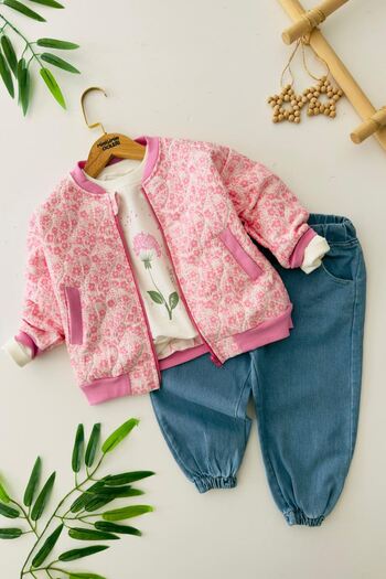 Minigimin Cicileri My Little Girl's Cicileri Floral Patterned Quilted Jacket Girl's 3-Piece Set - Pink