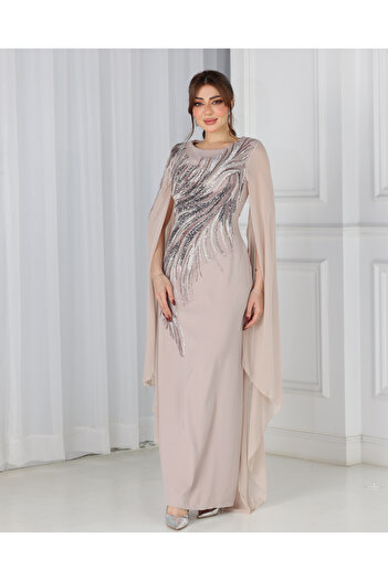 Elegant Beige balloon dress, chiffon fabric, decorated with embroidery
