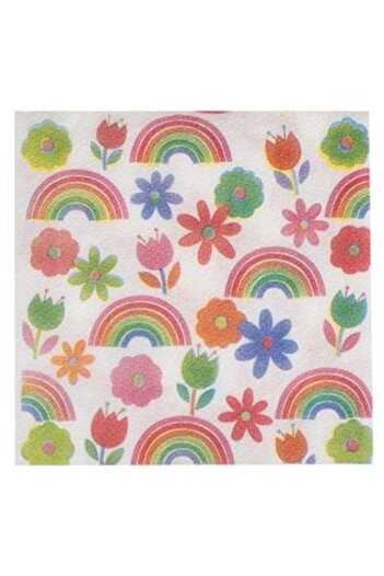 SHOPIENS Table Napkins, 1 Layer, White with Floral Rainbow Design, 33 x 33 cm - 40 pcs