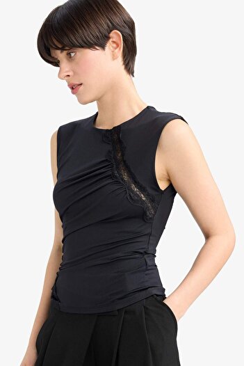 DeFacto Slim Fit Slim Fit Crew Neck Lace Detail Sleeveless Blouse G4116Ax25Au