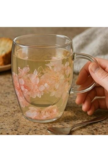 SHOPIENS Glass Mug With Double Wall & Pink Flowers 350 ml