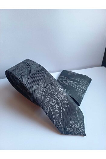 Kravatistan Dark Gray Shawl Patterned Thin Tie Handkerchief Set