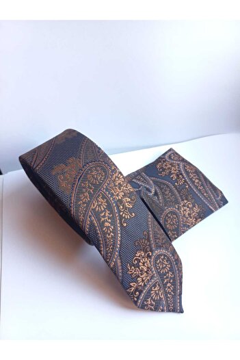 Kravatistan Brown Shawl Patterned Thin Tie Handkerchief Set