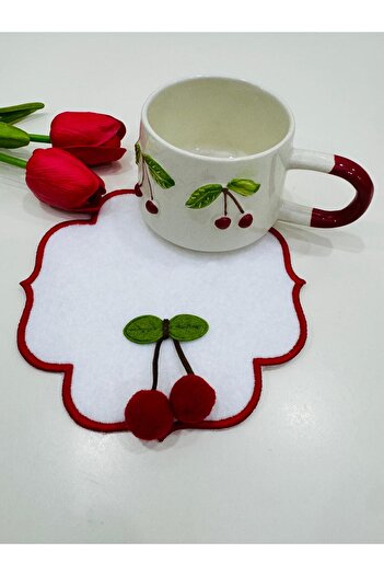 İNCİ ÇEYİZ 6 Pieces of Artificial Cherry Detailed Coffee Side Cocktail Napkins & Coasters.