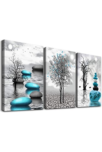 Emoda home Trove Canvas Wall Art Painting by ALAYRA - 3 Pieces of Modern Abstract Fabric in Black, White, and Blue 30