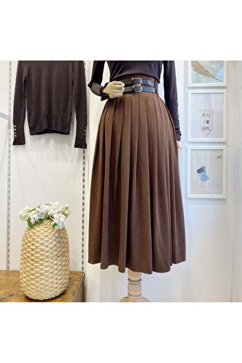 Faya Boutique Tan Double Belted Wool Effect Skirt