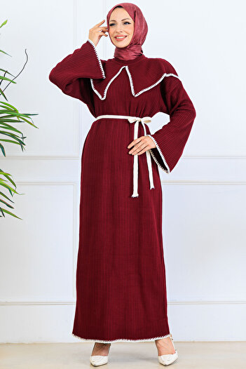 benguen Collar Detailed Knitwear Dress K3036 Burgundy