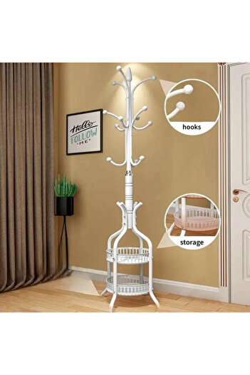 Un Clothes rack with 2 shelves and several hooks for storage, white