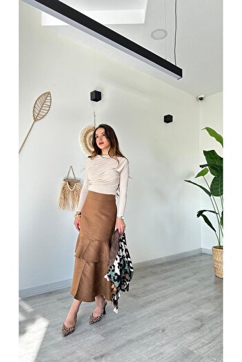 modadagiyim Ruffled Flared Slit Suede Long Premium Skirt