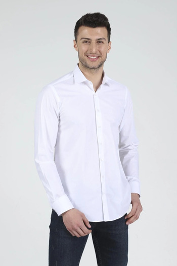 Daniel Bessi Μακρυμάνικο Slim Fit Basic Ανδρικό πουκάμισο από βαμβάκι Φιλαφίλ λευκό κλασικό