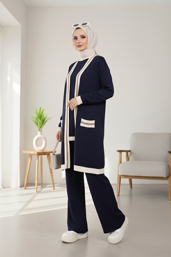 MODAQU Cardigan Tunic Pants Three-Piece Knitwear Set - Navy Blue
