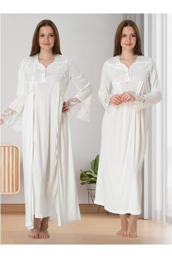 PREGNANT WORLD Women's Ecru Lace Cotton Full Length Long Sleeve Maternity Pajamas Nightgown Set of 2