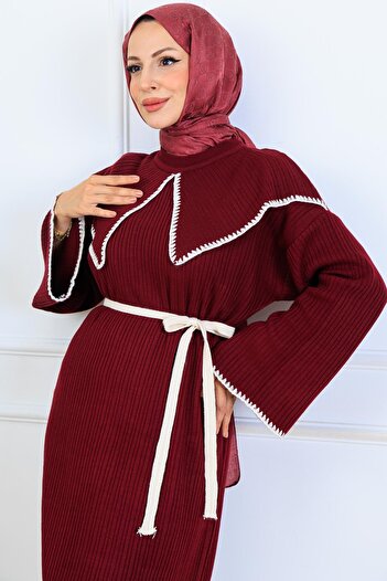 benguen Collar Detailed Knitwear Dress K3036 Burgundy