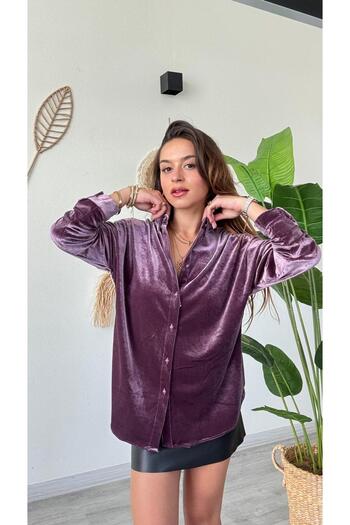 modadagiyim Women's Long Sleeve Button down Loose Casual Velvet Shirt