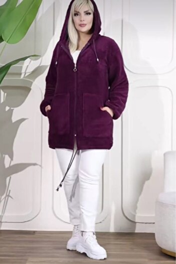 MARMARA FIRSAT Plus Size Zippered Women's Black Long Fleece Cardigan