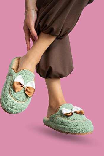 FUGA MODA Curry Mint Green Bow Detailed Silent Sole House Slippers