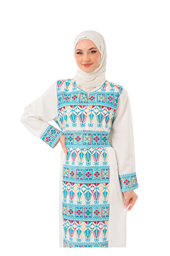 Zaytoon White Color Rhombus Palestine Embroidered Dress C100055