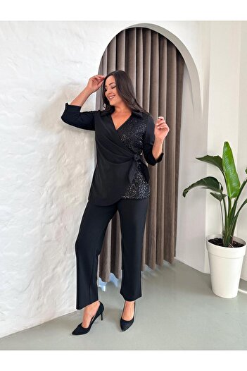 rotop Elegant outfit, Tamara, black color, wrap blouse and sequin details
