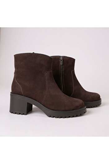 NE&VE SHOES Γυναικείες μπότες με χοντρό τακούνι από γνήσιο δέρμα καφέ σουέντ με φερμουάρ