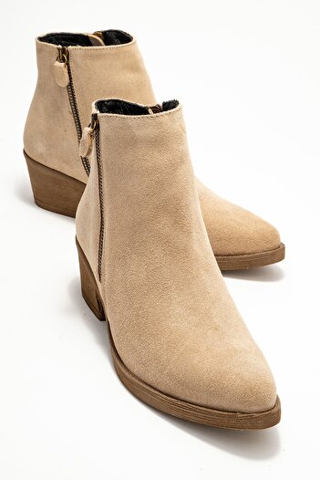 LuviShoes Γυναικείες μπότες με τακούνι JAYER με φερμουάρ από γνήσιο δέρμα σε μπεζ σουέντ