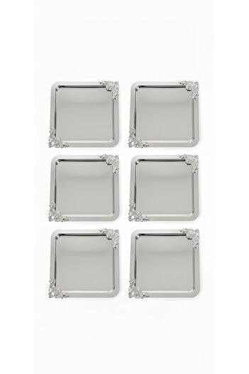 farklı evim 6-Piece Luxury Presentation Tray Set |   Silver Plated Square Tea Coffee Serving Tray with Floral Detail 21X21 cm