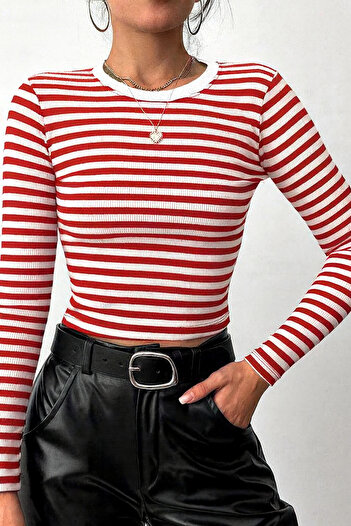ÖZ PAMUK Women's Ribbed 100% COTTON Crew Neck Striped Knitted Camisole Long Sleeve CROP Blouse