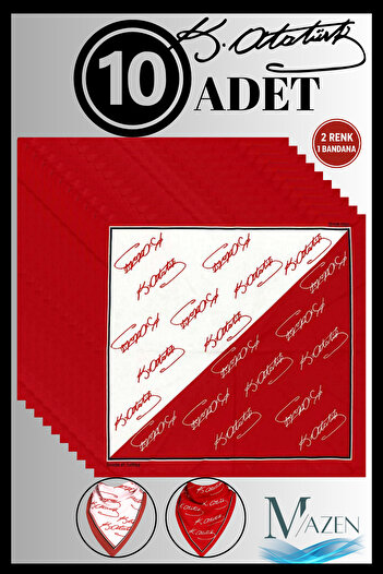 MAZEN 10-Pack of Ataturk Signed Cotton Double-Sided Bandana Scarves |   Red 50X50 |   School Ceremony Show