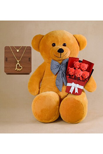 Özgüner Oyuncak Romantic Surprise Set – 90 cm Plush Toy + Plush Bouquet + 24 Karat Necklace