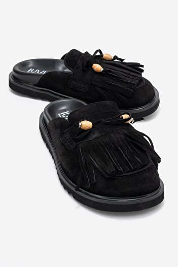 LuviShoes Carol Black Suede Tasseled Genuine Leather Women's Closed Toe Slippers