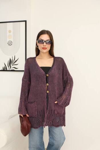 AYASOFYA OTANTIK Women's Purple Button Closure Bag Pocketed Vintage Loose Cotton Knitwear Long Cardigan Cap
