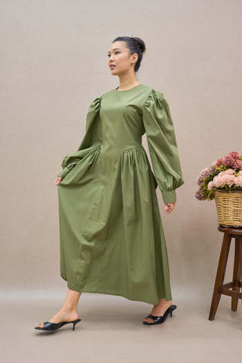 KÜÇÜĞÜM BUTİK Pleated Khaki Green Poplin Long Women's Dress