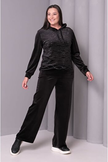 Şans Women's Plus Size Black, Hooded Stone Embroidered Velvet Tracksuit Set 65N39182