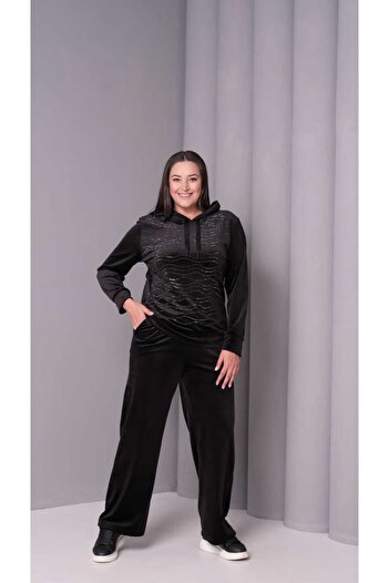 Şans Women's Plus Size Black, Hooded Stone Embroidered Velvet Tracksuit Set 65N39182