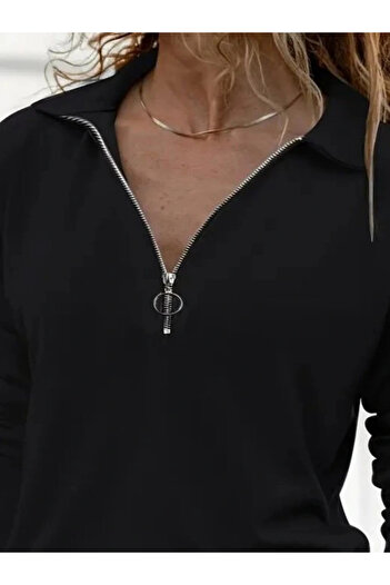 Silerra Women's Long Sleeve Collared Zippered Two Thread Blouse