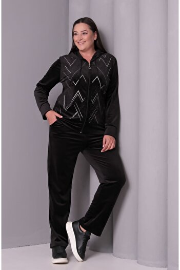 Şans Women's Plus Size Black, Hooded Stone Embroidered Velvet Tracksuit Set 65N39181