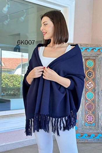 LE CARAMBOLE Women's Navy Blue Tassel Detailed Knitwear Poncho