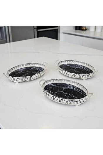 FAIR HOME 3 Pcs Silver Color Marble Pattern Metal Framed Glass Engagement-Service Tray Set - 28X19 cm