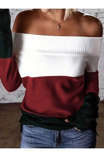 Silerra    Women's Long Sleeve Off-The-Shoulder Long Sleeve Block Striped Knitwear Blouse