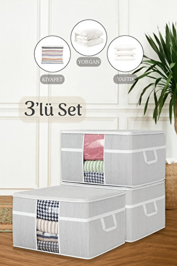 Pazar Kapısı 3 Pieces Pillow Storage Bag with Window - Mega Size Quilt Storage Bag Organizer - 75 X 40 X 40 cm