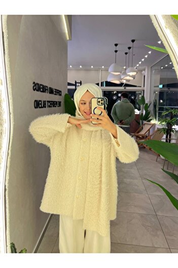 BZ BUTİK Angora Coat with Button Detail and Scarf Detail