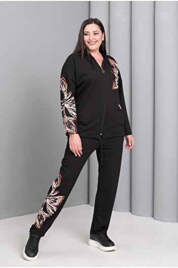 Şans Women's Plus Size Black, Hooded, Floral Print Tracksuit Set 65N39184