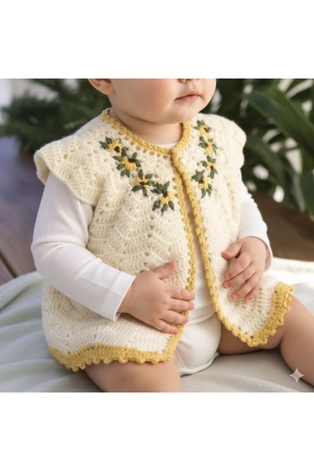 Home Rococo Embroidered, Hand Knitted Baby Girl's Vest. 0-1 Year Baby Gift