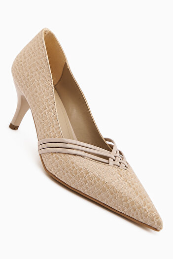 Limoya Riyam Beige Crocodile Patterned Women's Stiletto Shoes