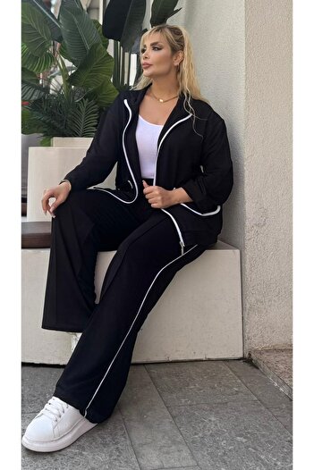 Butik Nilyam Women's Plus Size White Piping Detailed Stretchy Cardigan Sweatpants Set 25051